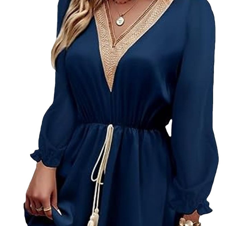 Solid Color Long Sleeve Lace V-neck Tight Waist Dress - Image 5