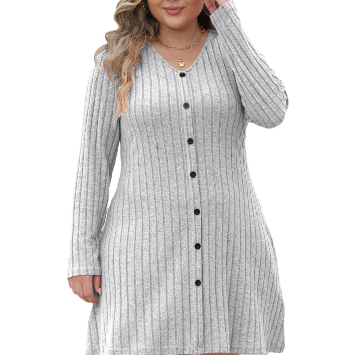 Women's Plus Size Button Deep V Stripe Dress - Image 6