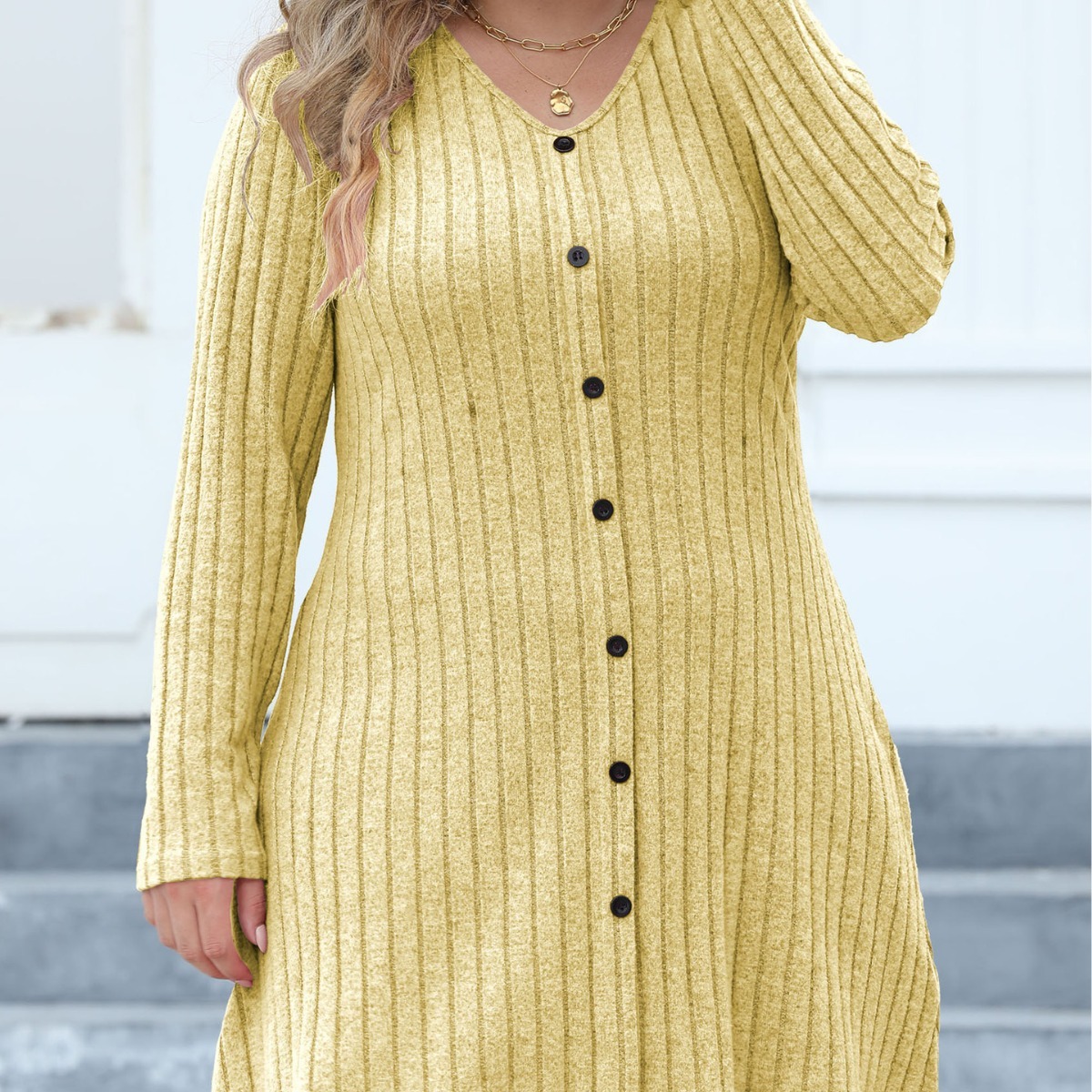 Women's Plus Size Button Deep V Stripe Dress - Image 3