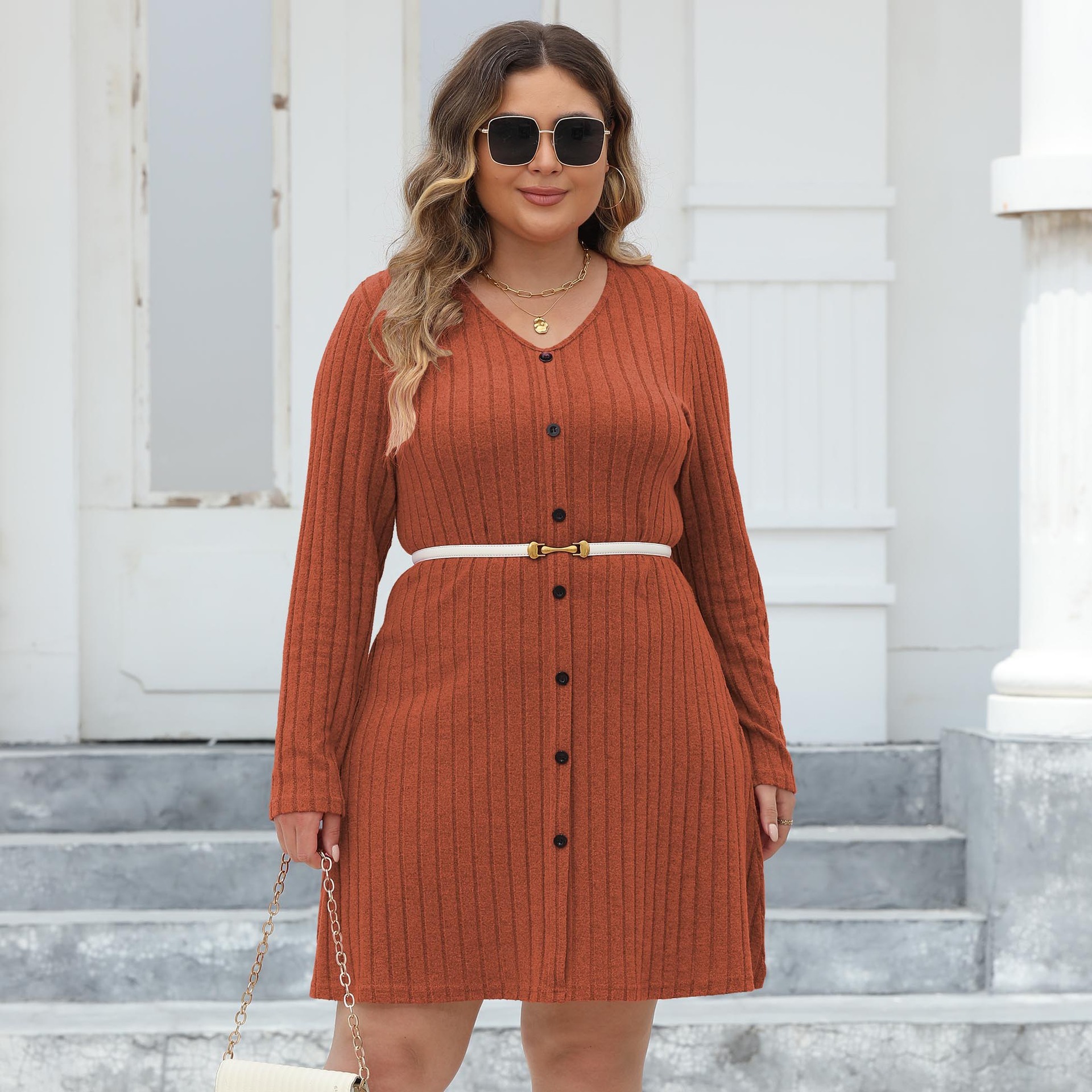 Women's Plus Size Button Deep V Stripe Dress - Image 7