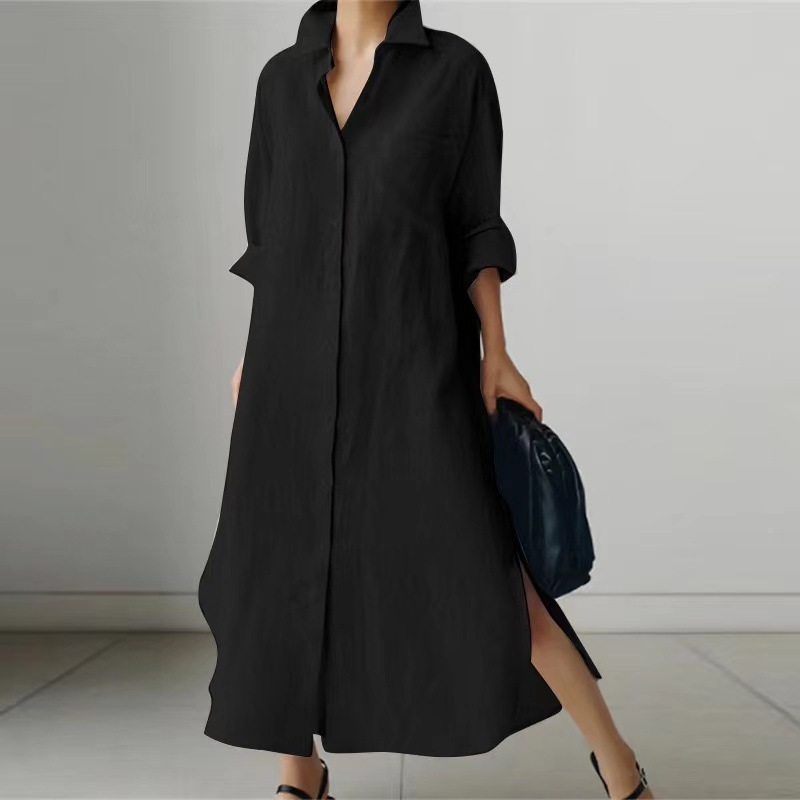 Women's Slit Shirt Dress Solid Color Long-sleeved Cardigan Irregular Long Dress - Image 4