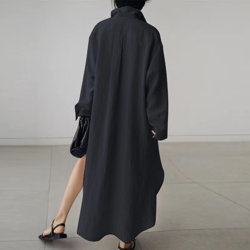 Women's Slit Shirt Dress Solid Color Long-sleeved Cardigan Irregular Long Dress - Image 2