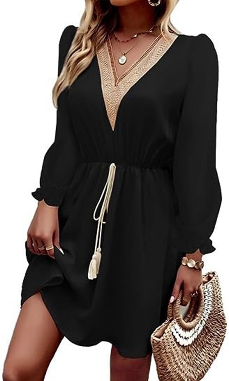 Solid Color Long Sleeve Lace V-neck Tight Waist Dress - Image 9