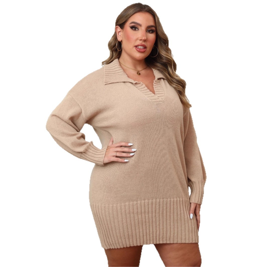 Plus Size Women's Polo Collar Hip Woven Dress Sweater - Image 2