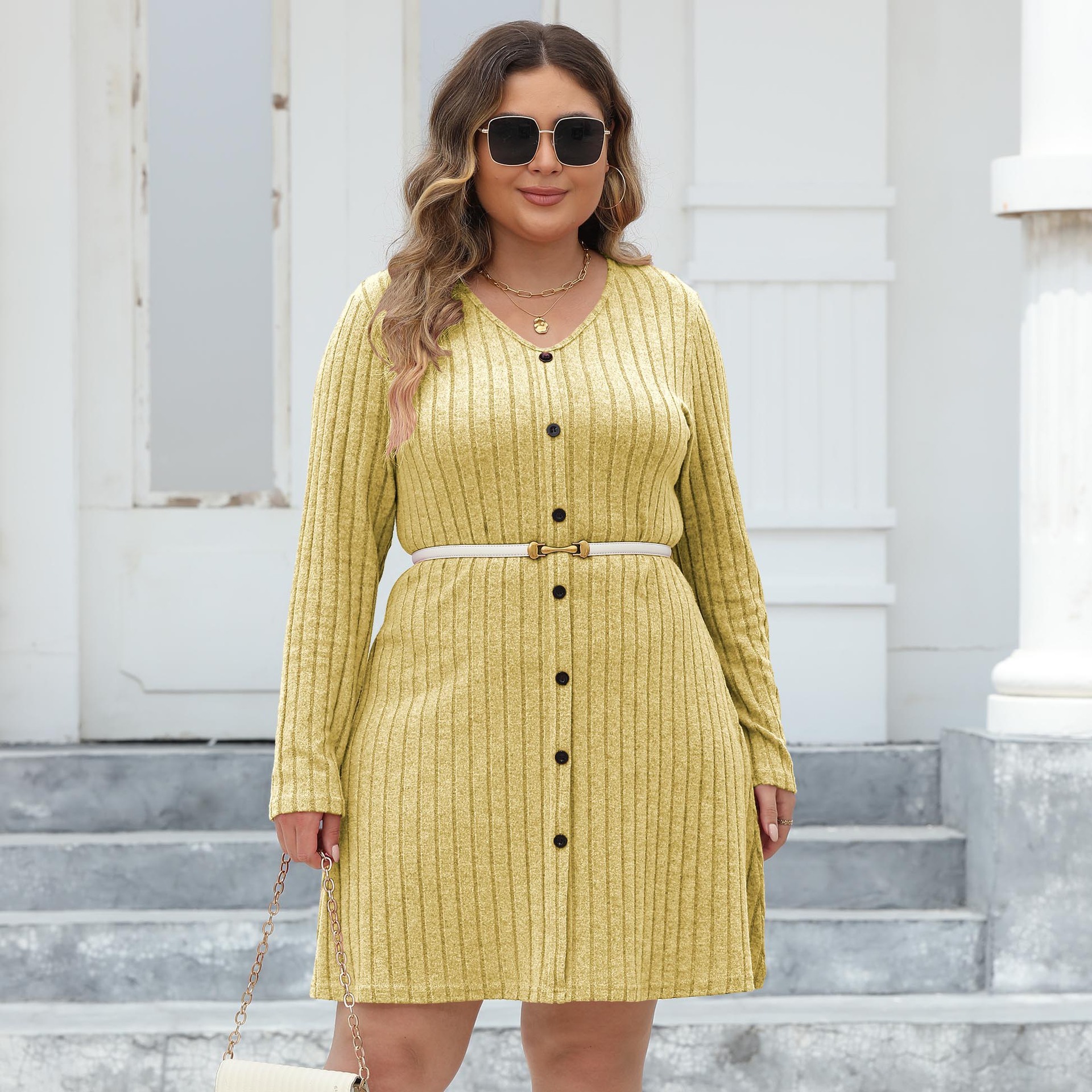 Women's Plus Size Button Deep V Stripe Dress - Image 2