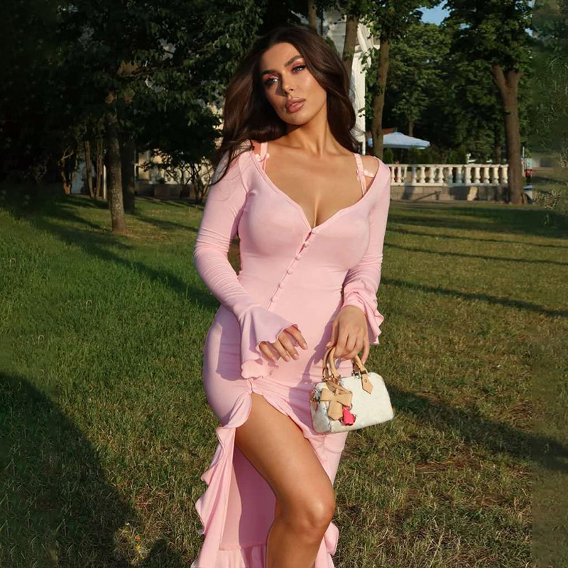 New Fashion V-neck Flared Sleeves Ruffled Split Dress Women - Image 4