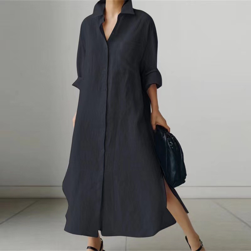 Women's Slit Shirt Dress Solid Color Long-sleeved Cardigan Irregular Long Dress - Image 3