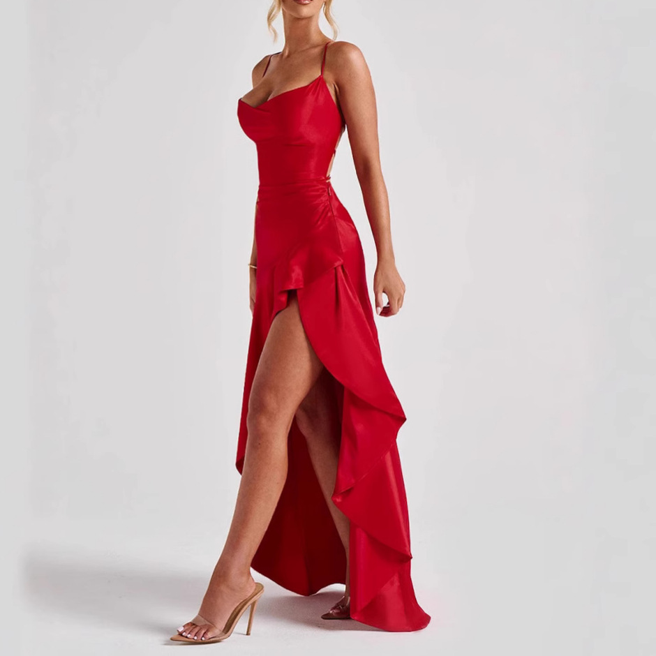 Women's Backless Ruffles Irregular Dress Summer Fashion Evening Party Club Split Suspender Maxi Dresses Clothing - Image 2