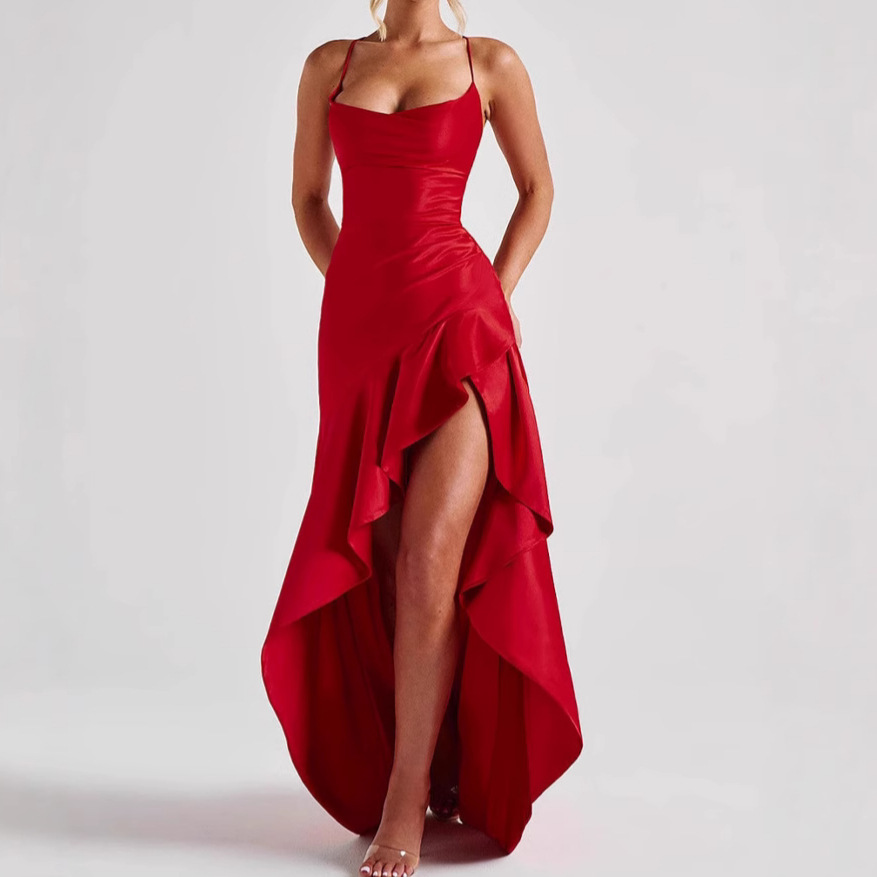 Women's Backless Ruffles Irregular Dress Summer Fashion Evening Party Club Split Suspender Maxi Dresses Clothing - Image 4