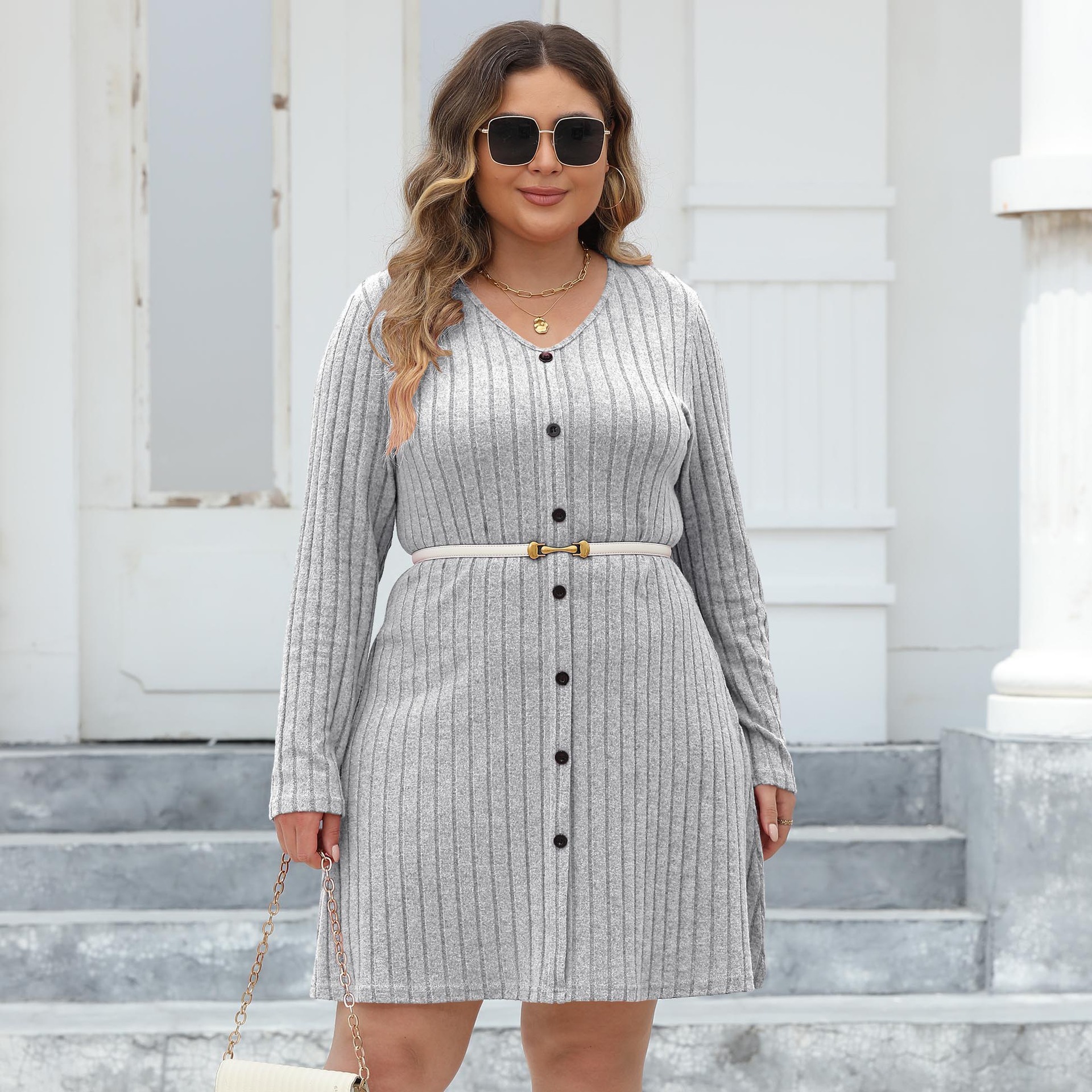 Women's Plus Size Button Deep V Stripe Dress - Image 5