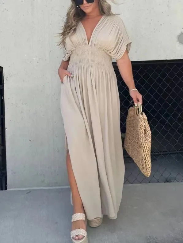 Fashion Bat-sleeved V-neck Slit Dress Summer Short Sleeve Elastic Waist Long Dresses Womens Clothing - Image 2