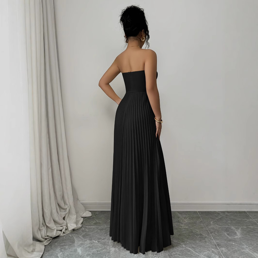 Women's French Tube Top Solid Color Waist Tight Elegant Dress - Image 3