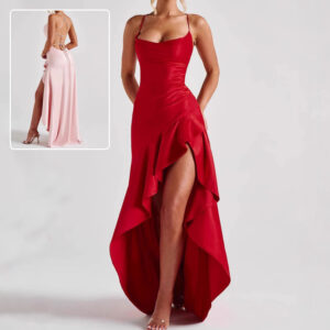 Women's Backless Ruffles Irregular Dress Summer Fashion Evening Party Club Split Suspender Maxi Dresses Clothing