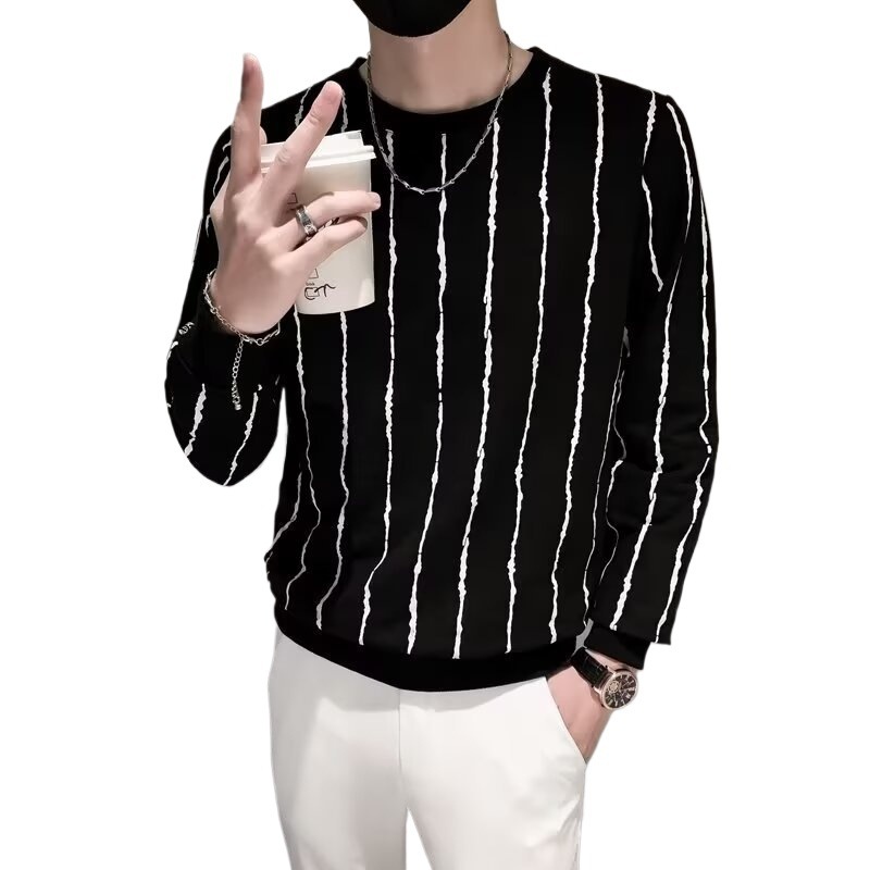 Niche Round Neck Slim-fit Striped Sweater For Men - Image 6