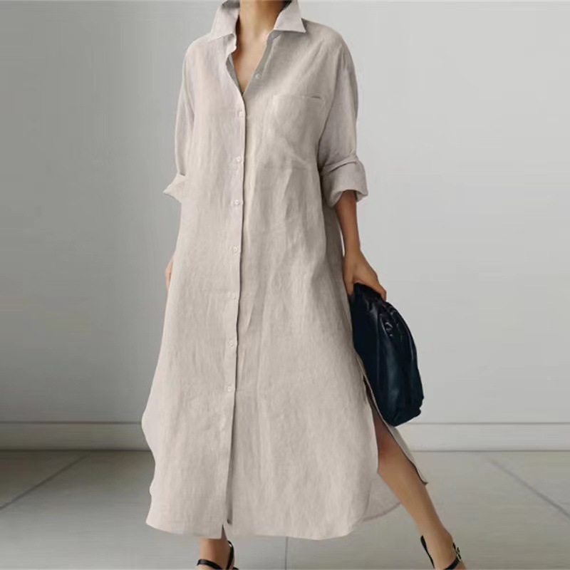 Women's Slit Shirt Dress Solid Color Long-sleeved Cardigan Irregular Long Dress - Image 6
