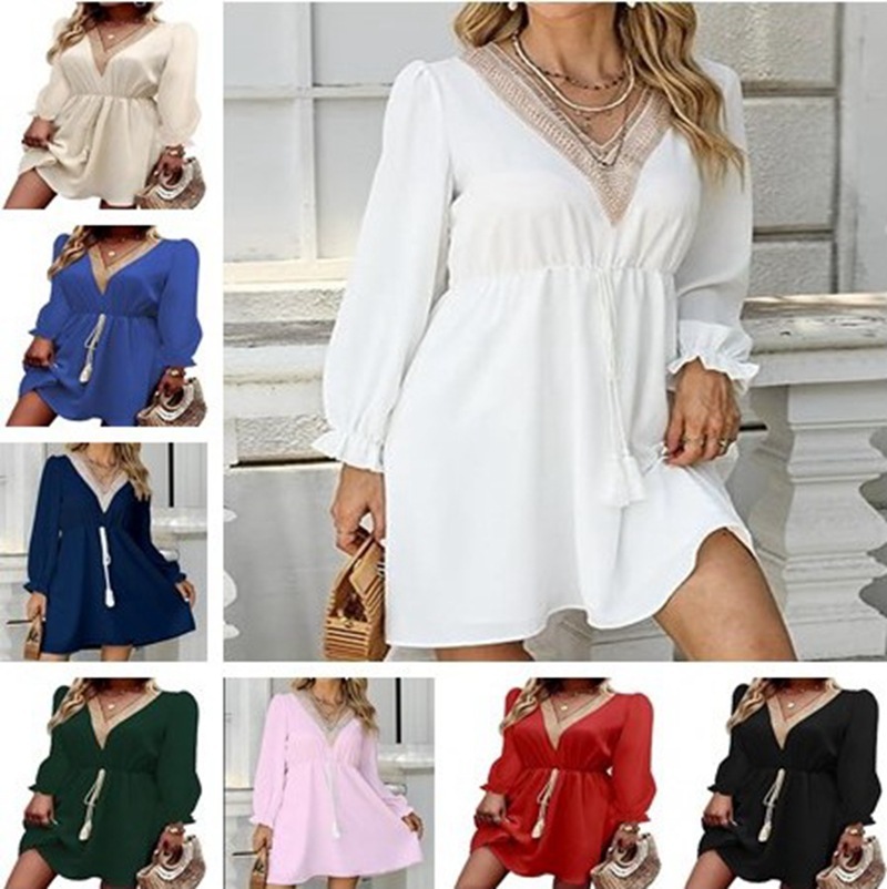 Solid Color Long Sleeve Lace V-neck Tight Waist Dress - Image 2
