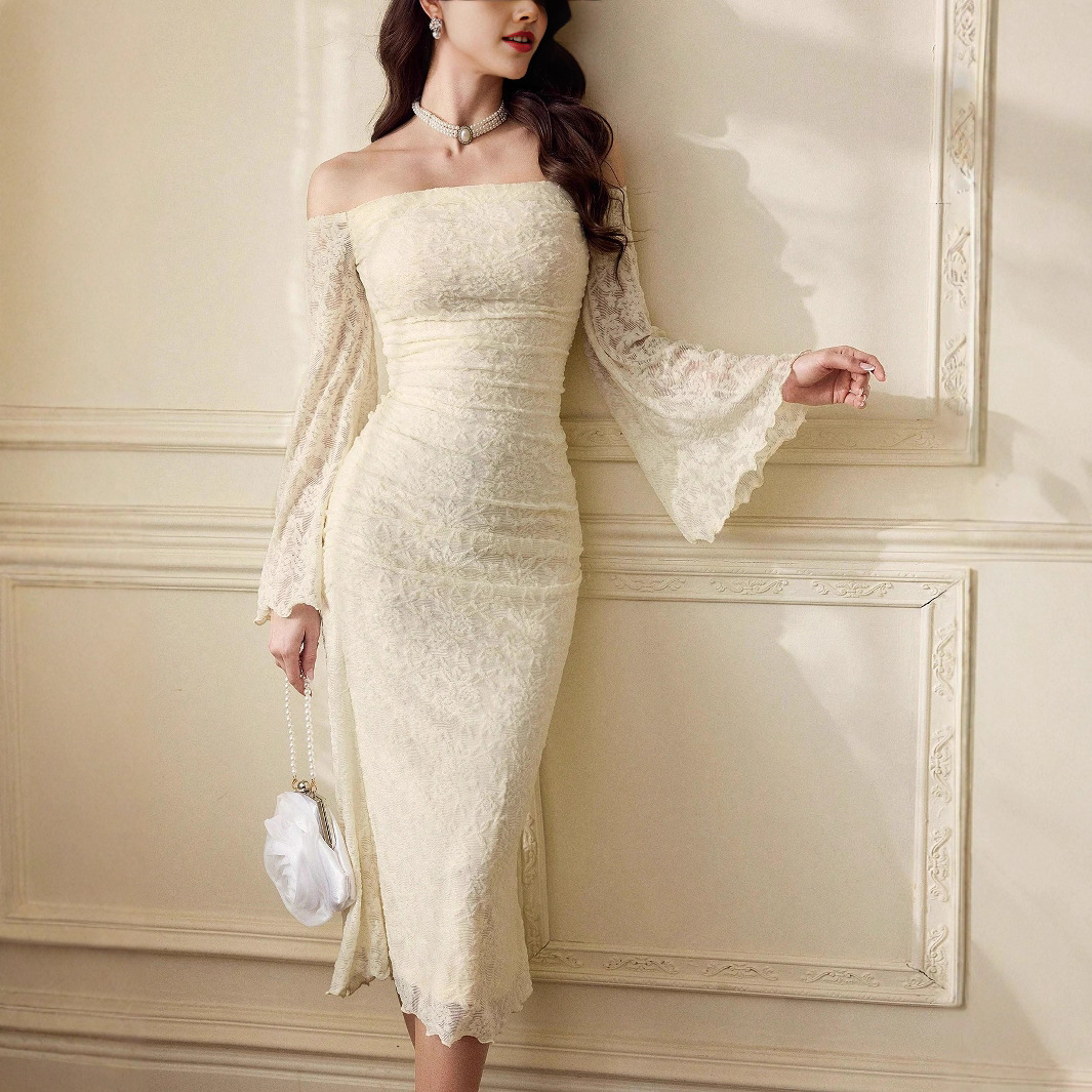 European And American-style Off-neck Lace Bell Sleeve Wooden Ear Slim-fit Long Dress - Image 3