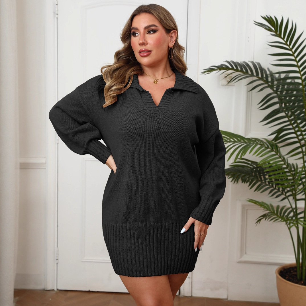 Plus Size Women's Polo Collar Hip Woven Dress Sweater - Image 3