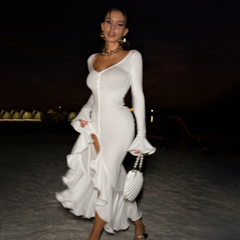 New Fashion V-neck Flared Sleeves Ruffled Split Dress Women - Image 3