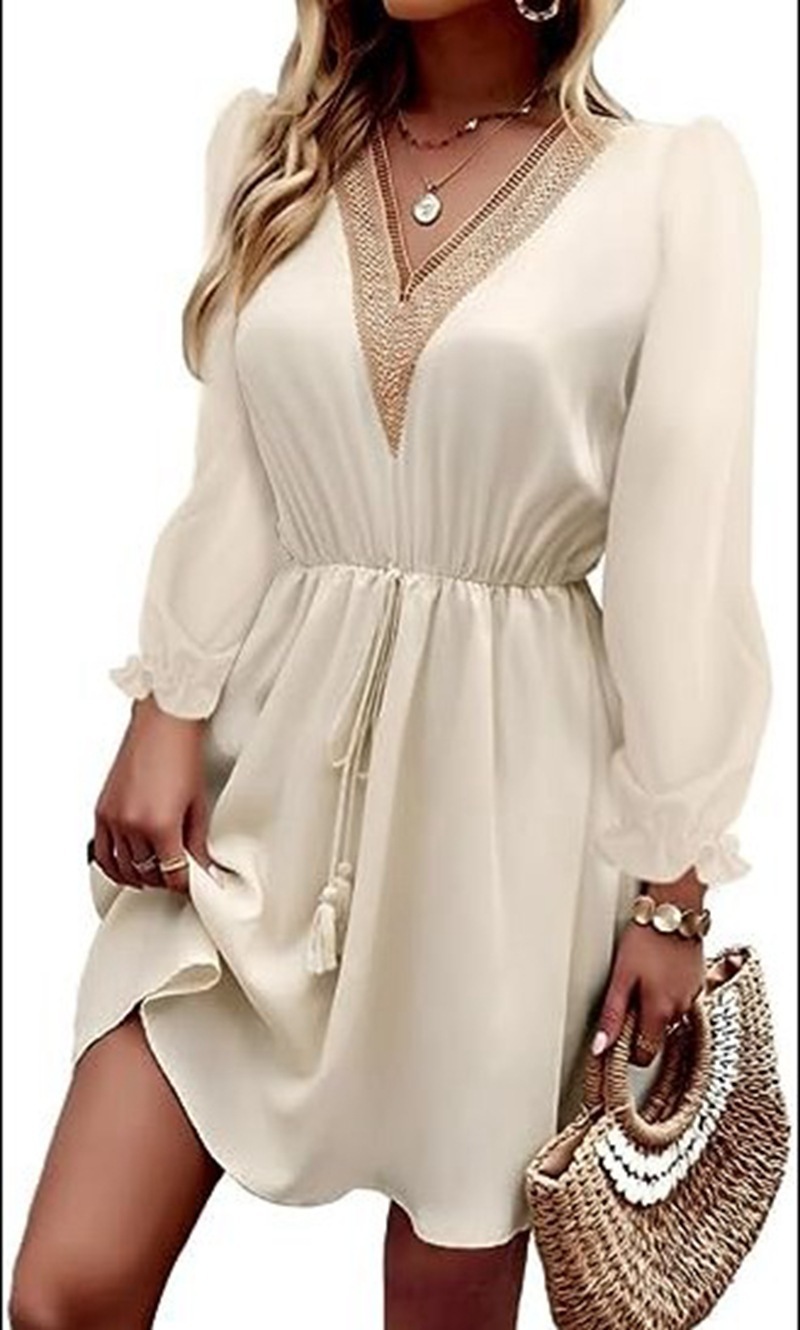 Solid Color Long Sleeve Lace V-neck Tight Waist Dress - Image 6