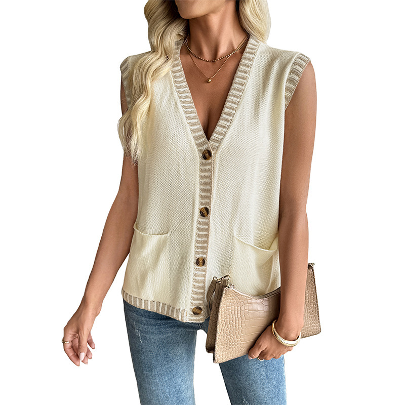 Classic Style Contrast Color Sleeveless Cardigan Knitted Vest Top For Women - Image 6