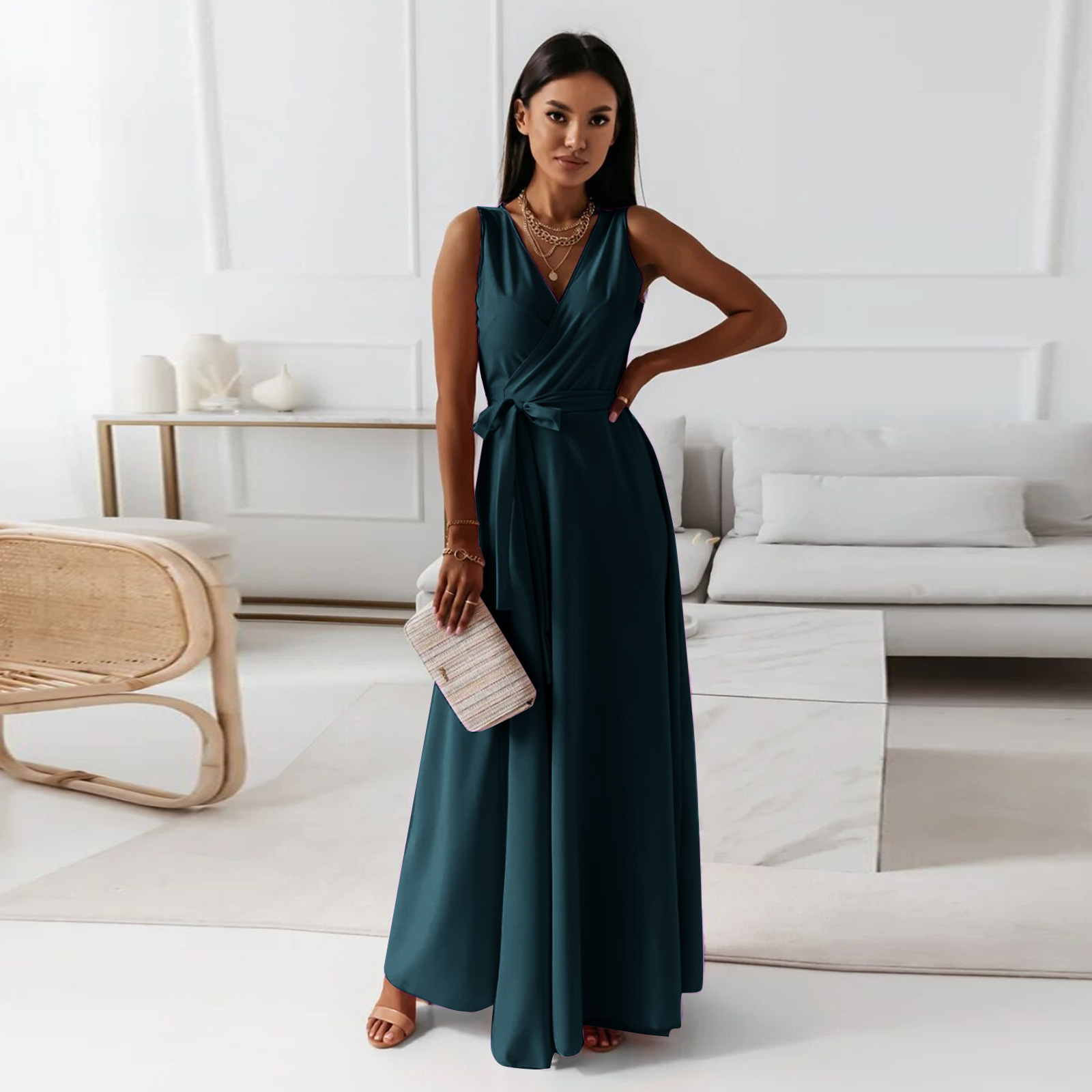 V-neck Sleeveless Dress With Belt Summer Fashion Party Club Evening Maxi Dresses For Women Clothing - Image 8