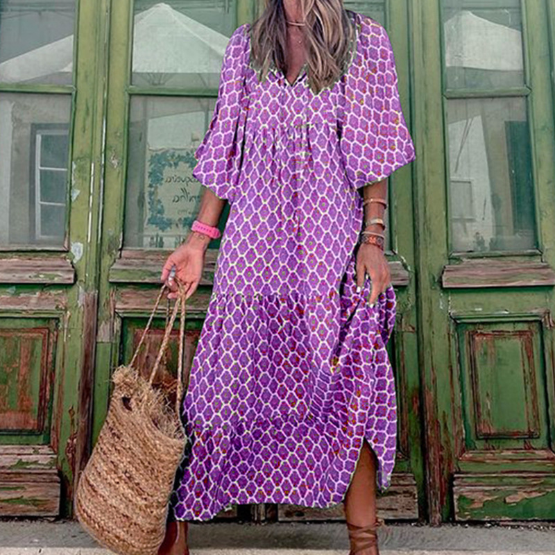 Summer Women's Vintage Printed Bohemian Dress Elegant Ladies Casual Loose V-Neck Short Sleeve Long Dresses - Image 10