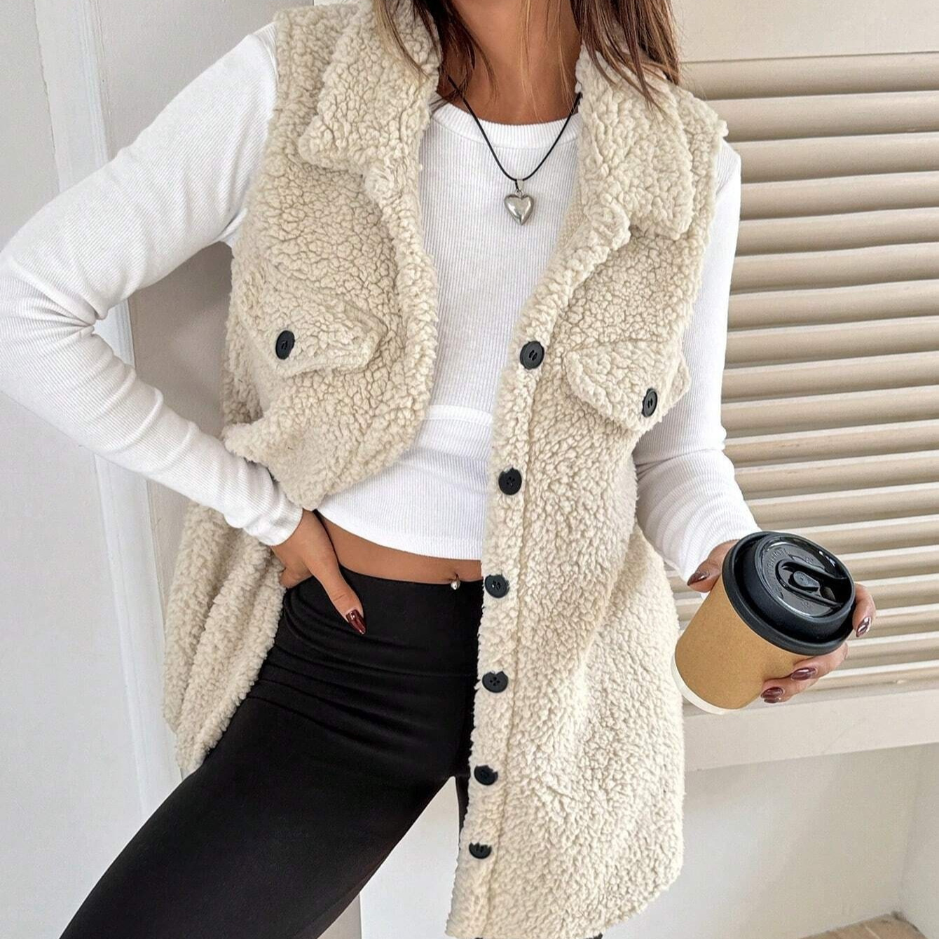 Lapels Open Button Plush Vest Cardigan - Image 8