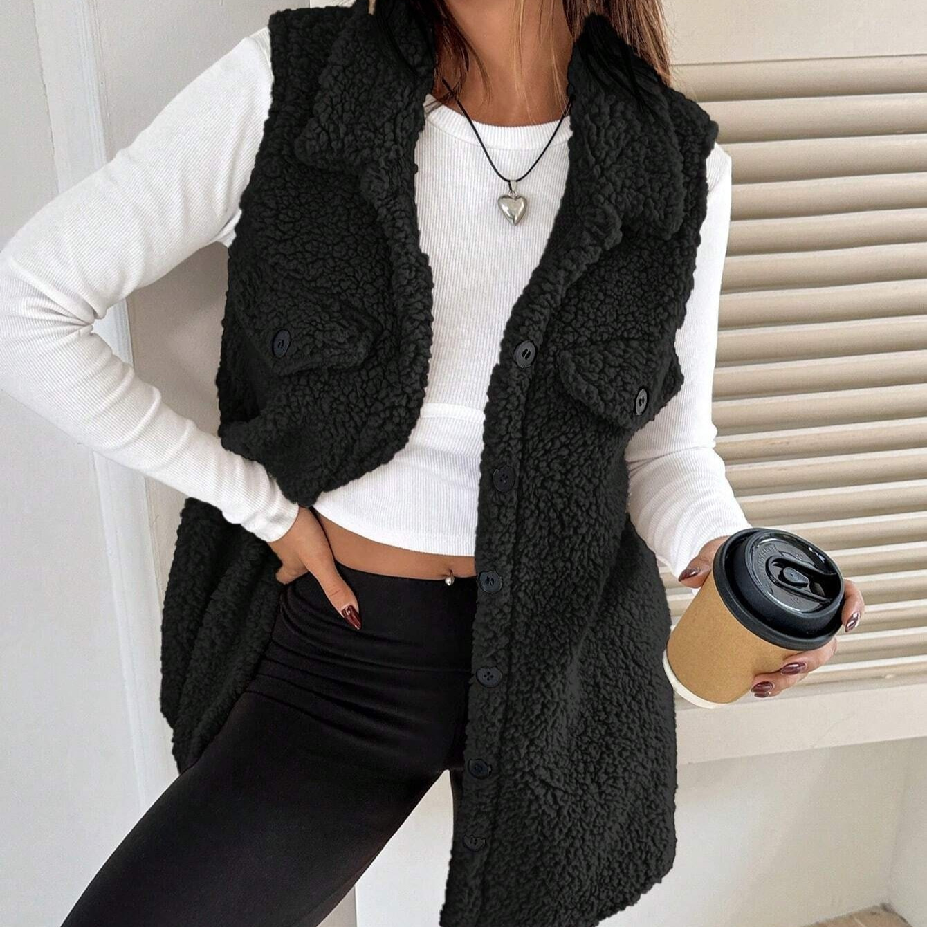 Lapels Open Button Plush Vest Cardigan - Image 6