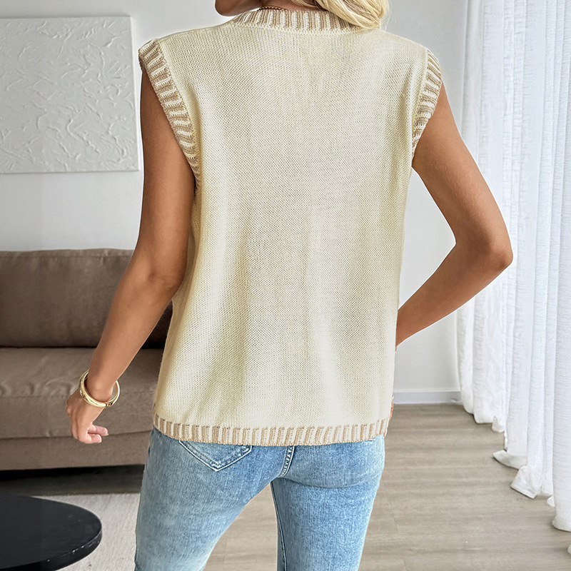 Classic Style Contrast Color Sleeveless Cardigan Knitted Vest Top For Women - Image 4