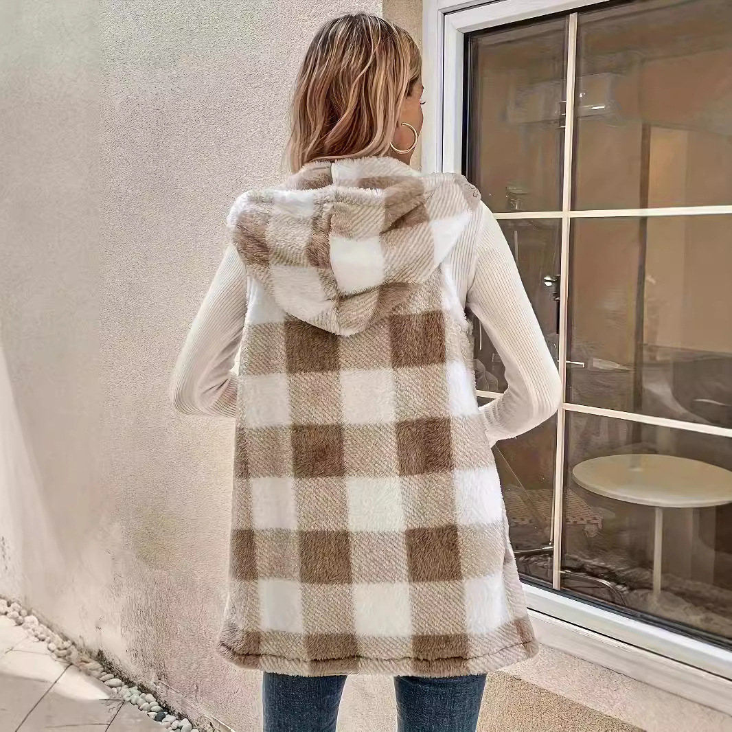 Fashion Elegant Cardigan Two-tone Plaid Hooded Women's Plush Vest Coat - Image 3
