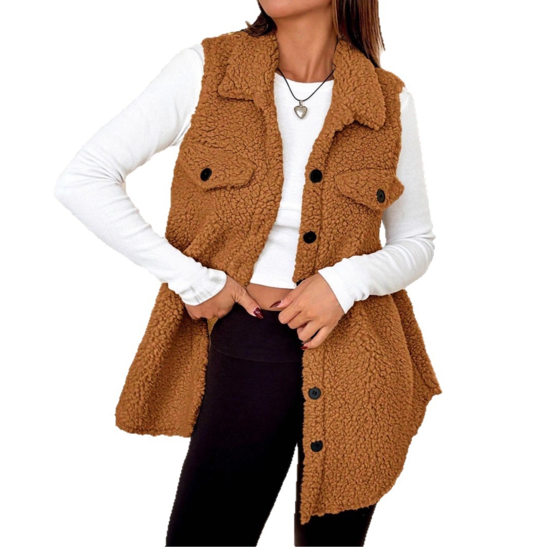 Lapels Open Button Plush Vest Cardigan - Image 4