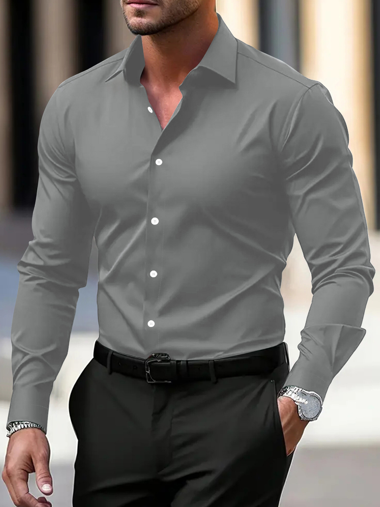 Men's Shirt Business Button Down Shirt Summer Solid Color Long Sleeve Lapel Vacation Shirt Fashion Temperament Casual Tops - Image 3