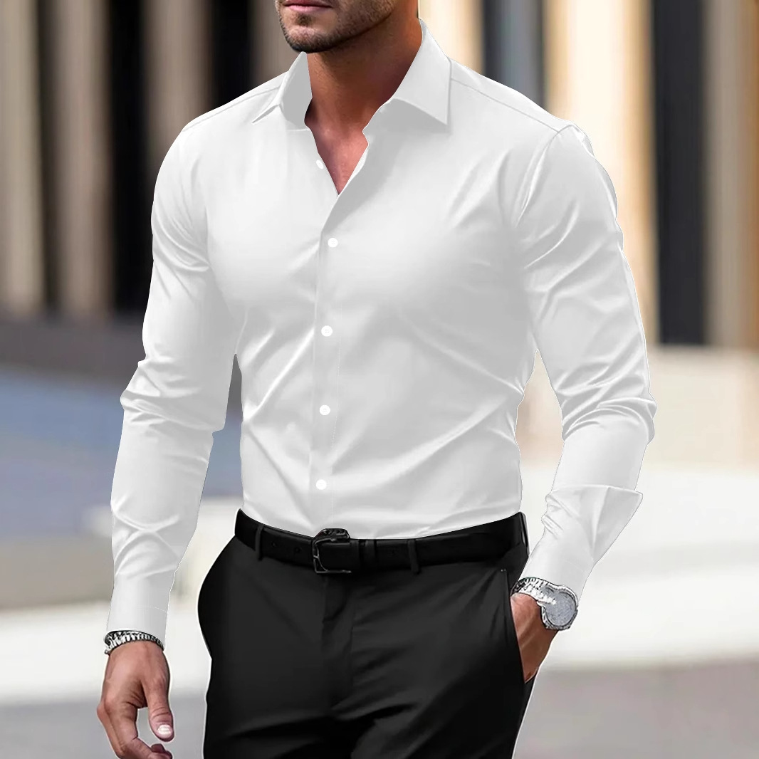 Men's Shirt Business Button Down Shirt Summer Solid Color Long Sleeve Lapel Vacation Shirt Fashion Temperament Casual Tops - Image 6