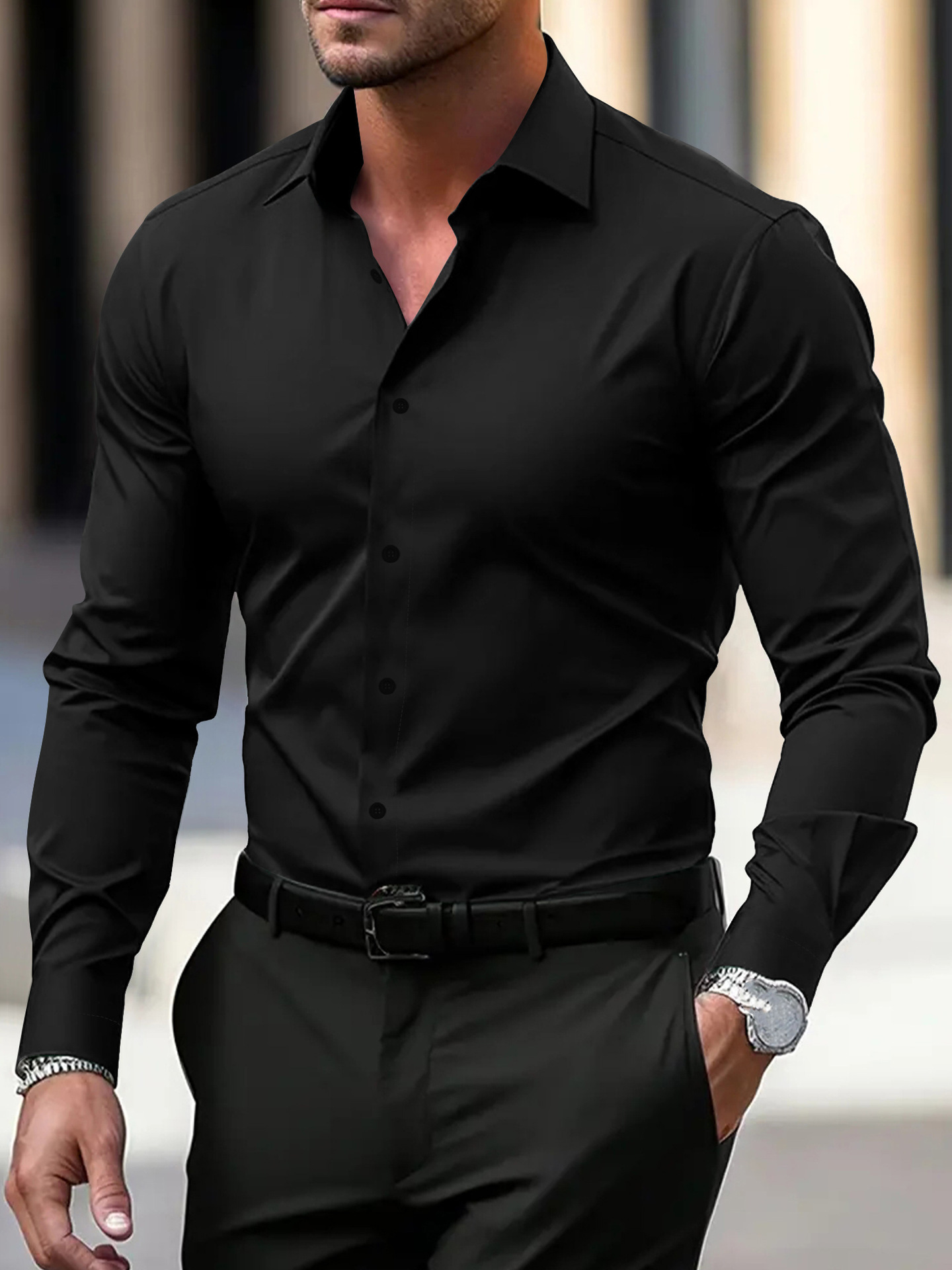 Men's Shirt Business Button Down Shirt Summer Solid Color Long Sleeve Lapel Vacation Shirt Fashion Temperament Casual Tops - Image 9