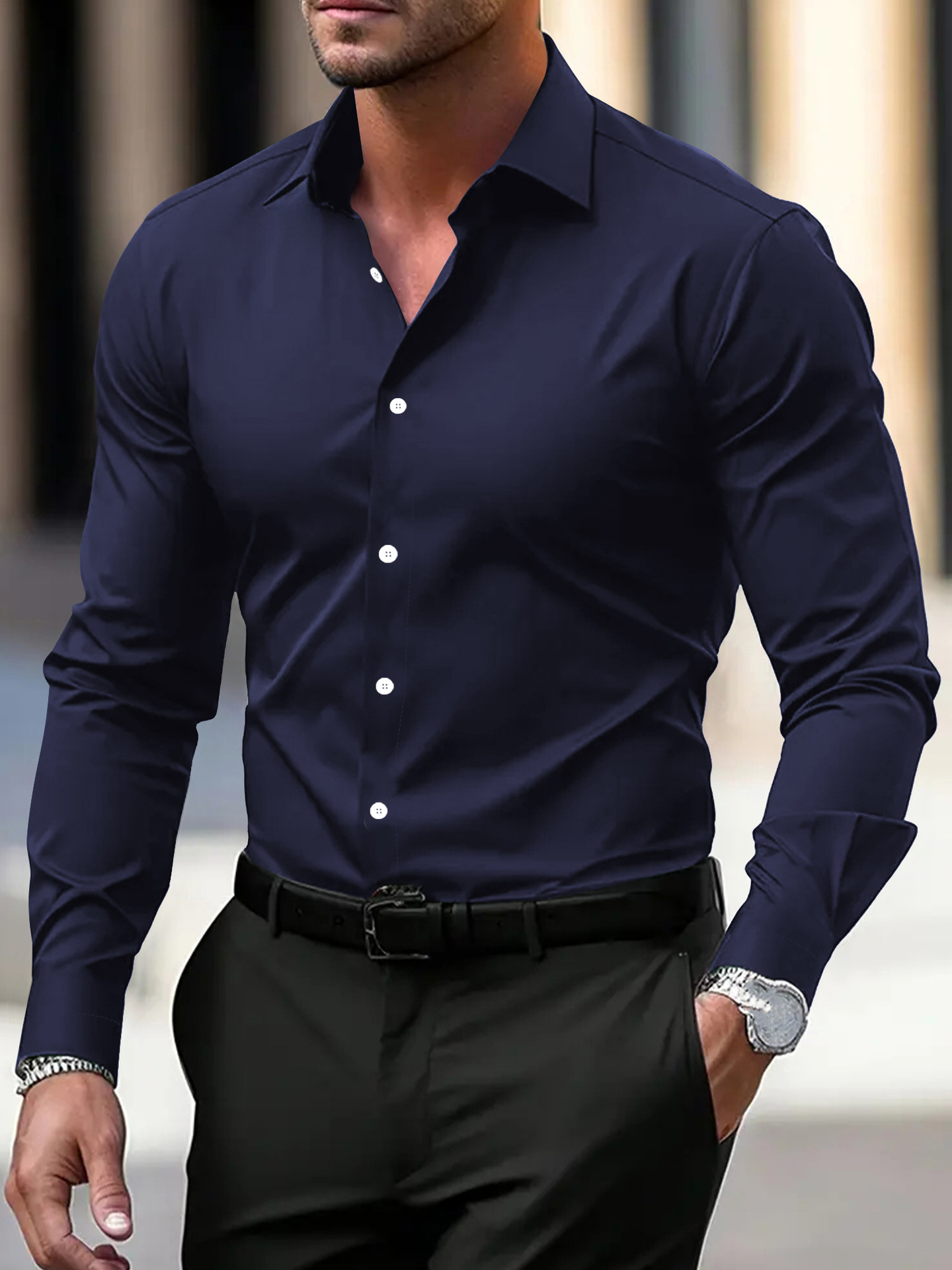 Men's Shirt Business Button Down Shirt Summer Solid Color Long Sleeve Lapel Vacation Shirt Fashion Temperament Casual Tops - Image 2