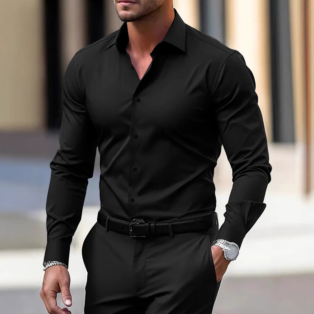 Men's Shirt Business Button Down Shirt Summer Solid Color Long Sleeve Lapel Vacation Shirt Fashion Temperament Casual Tops - Image 5
