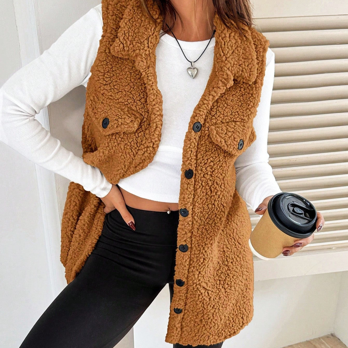 Lapels Open Button Plush Vest Cardigan - Image 5