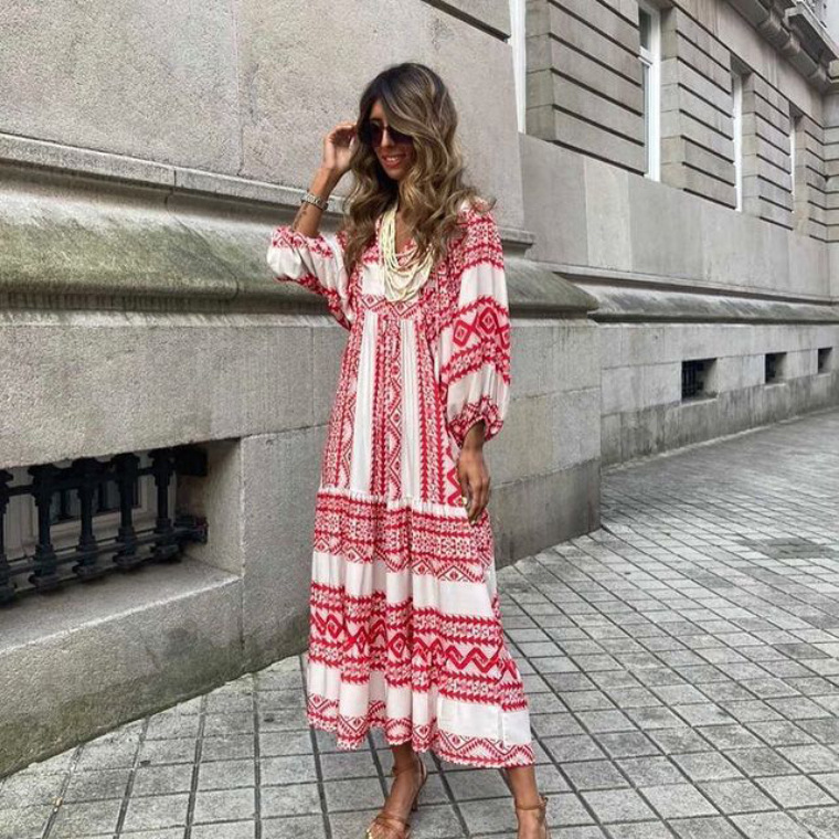 Summer Women's Vintage Printed Bohemian Dress Elegant Ladies Casual Loose V-Neck Short Sleeve Long Dresses - Image 9