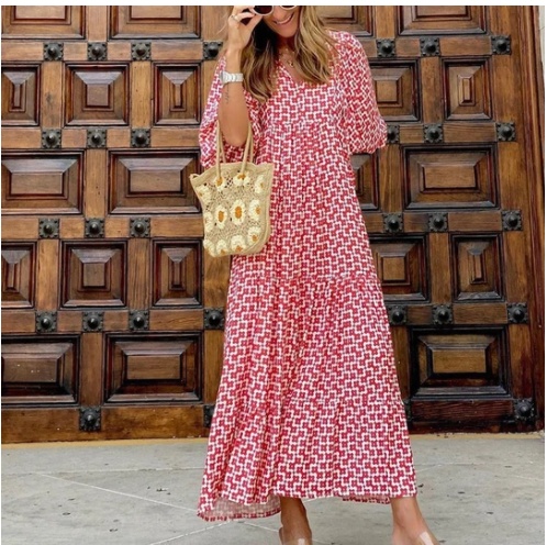 Summer Women's Vintage Printed Bohemian Dress Elegant Ladies Casual Loose V-Neck Short Sleeve Long Dresses - Image 2