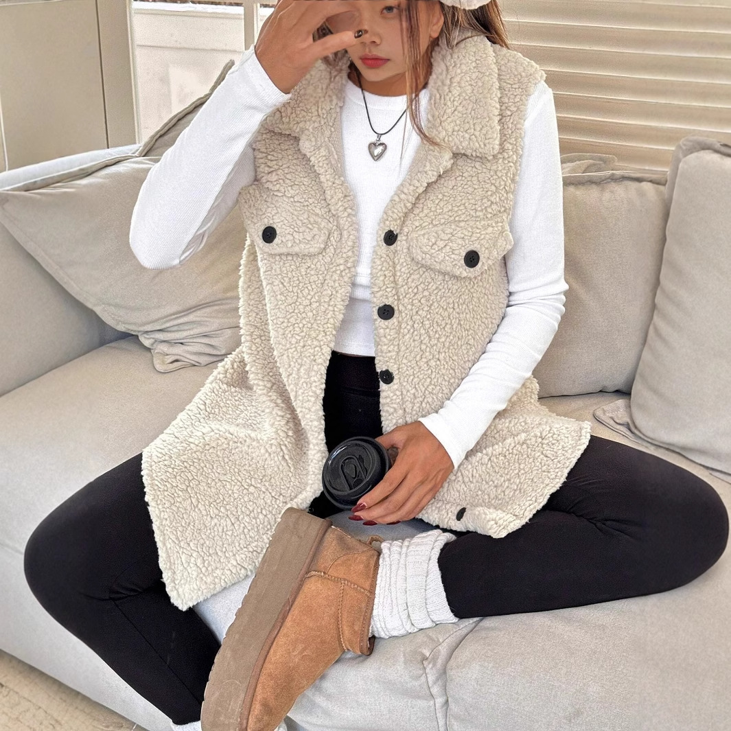 Lapels Open Button Plush Vest Cardigan - Image 2